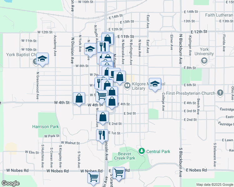 map of restaurants, bars, coffee shops, grocery stores, and more near 502 North Grant Avenue in York