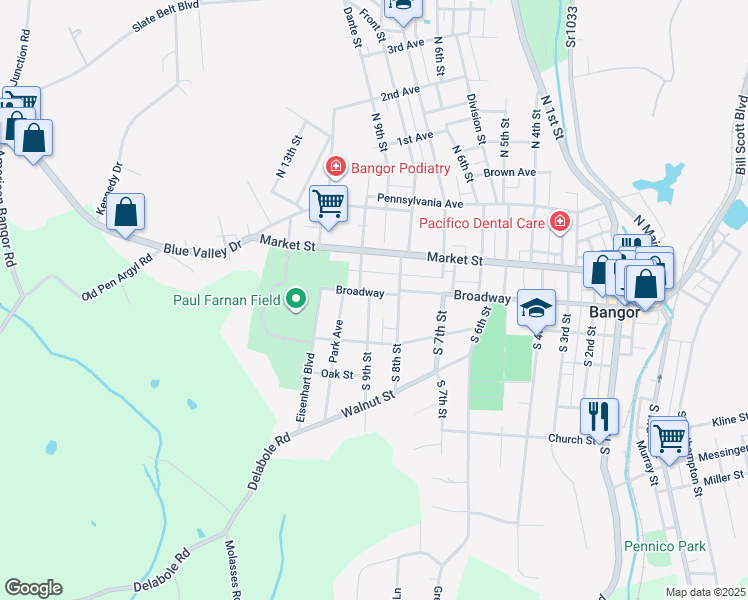 map of restaurants, bars, coffee shops, grocery stores, and more near 836 Broadway in Bangor