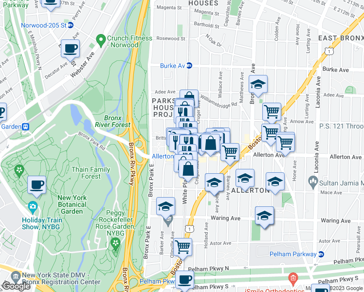 map of restaurants, bars, coffee shops, grocery stores, and more near 2711 White Plains Road in Bronx