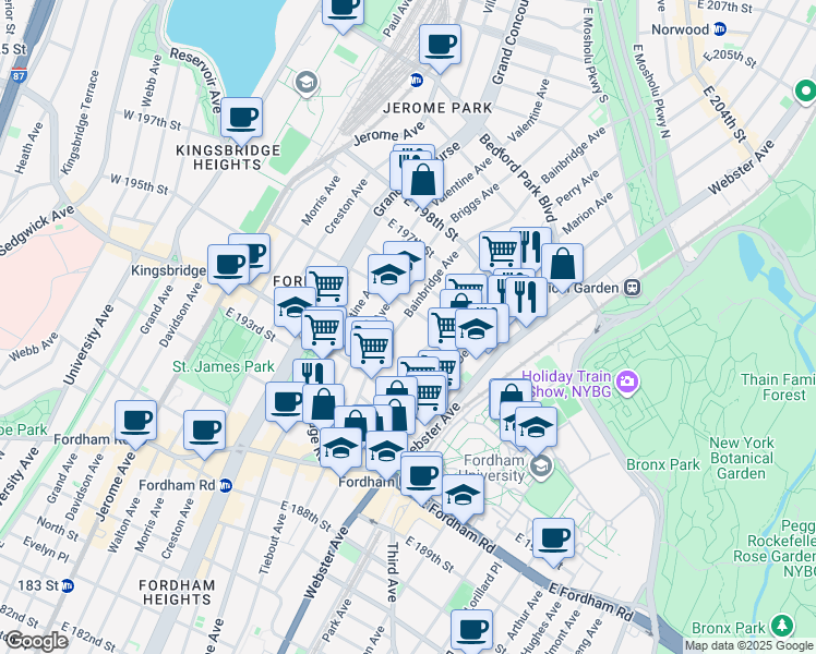 map of restaurants, bars, coffee shops, grocery stores, and more near 2718 Bainbridge Avenue in Bronx