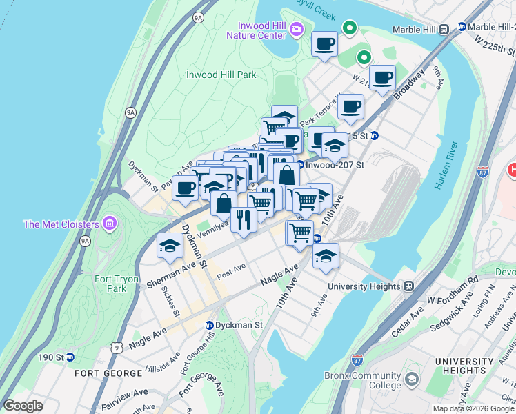 map of restaurants, bars, coffee shops, grocery stores, and more near Vermilyea Avenue in New York