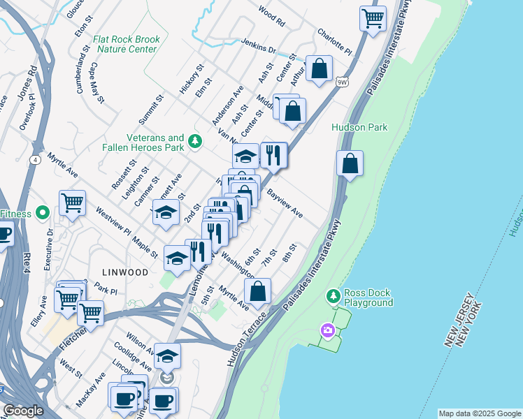 map of restaurants, bars, coffee shops, grocery stores, and more near 24B Sylvan Avenue in Englewood Cliffs