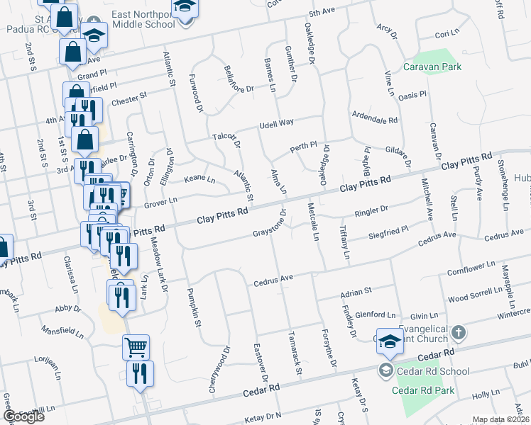 map of restaurants, bars, coffee shops, grocery stores, and more near 38 Graystone Drive in East Northport