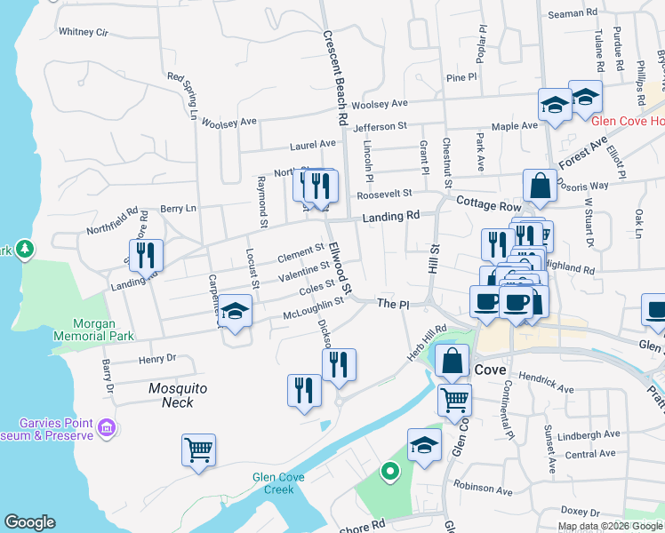 map of restaurants, bars, coffee shops, grocery stores, and more near 7 Valentine Street in Glen Cove