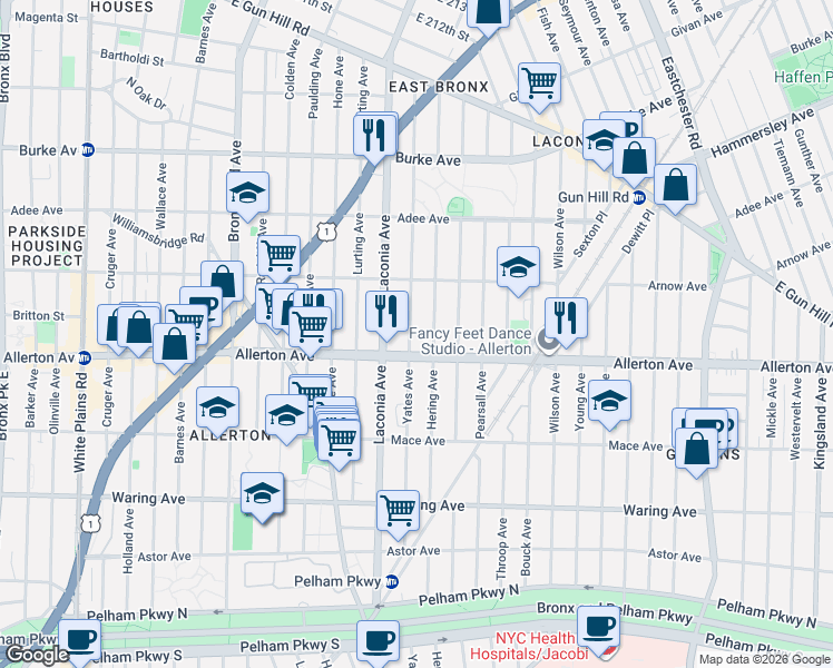 map of restaurants, bars, coffee shops, grocery stores, and more near 2717 Hering Avenue in Bronx