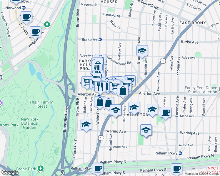 map of restaurants, bars, coffee shops, grocery stores, and more near in The Bronx