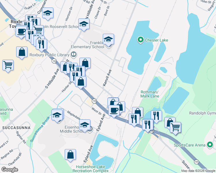 map of restaurants, bars, coffee shops, grocery stores, and more near 51 Main Street in Roxbury Township