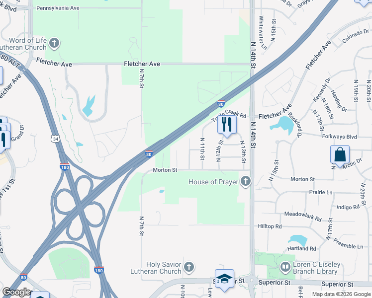 map of restaurants, bars, coffee shops, grocery stores, and more near 5305 North 10th Court in Lincoln
