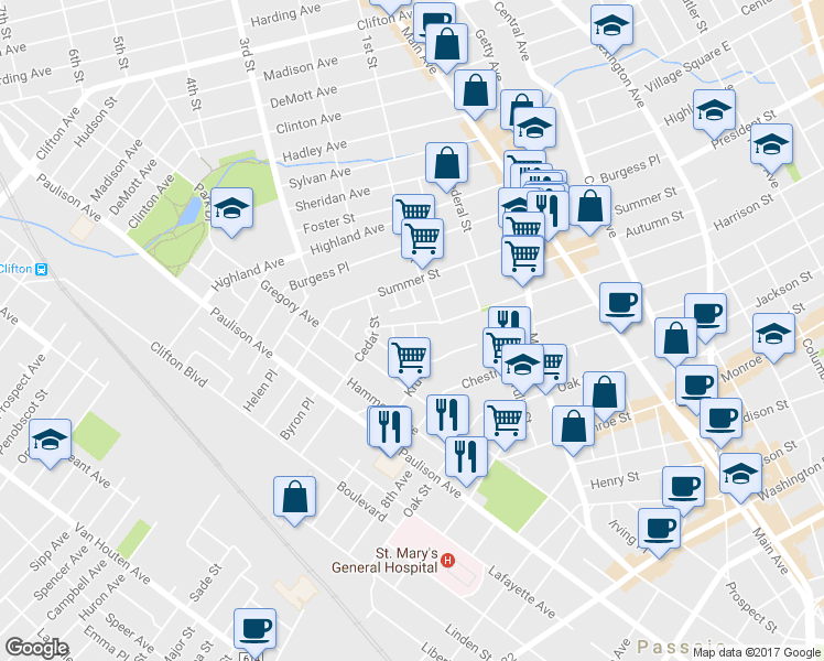 map of restaurants, bars, coffee shops, grocery stores, and more near 555 McKinley St in Passaic