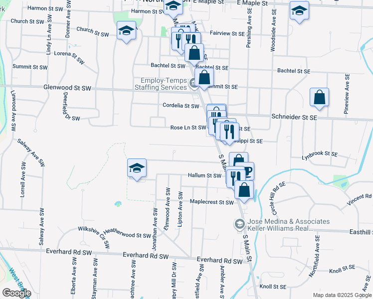 map of restaurants, bars, coffee shops, grocery stores, and more near 224 James Street Southwest in North Canton