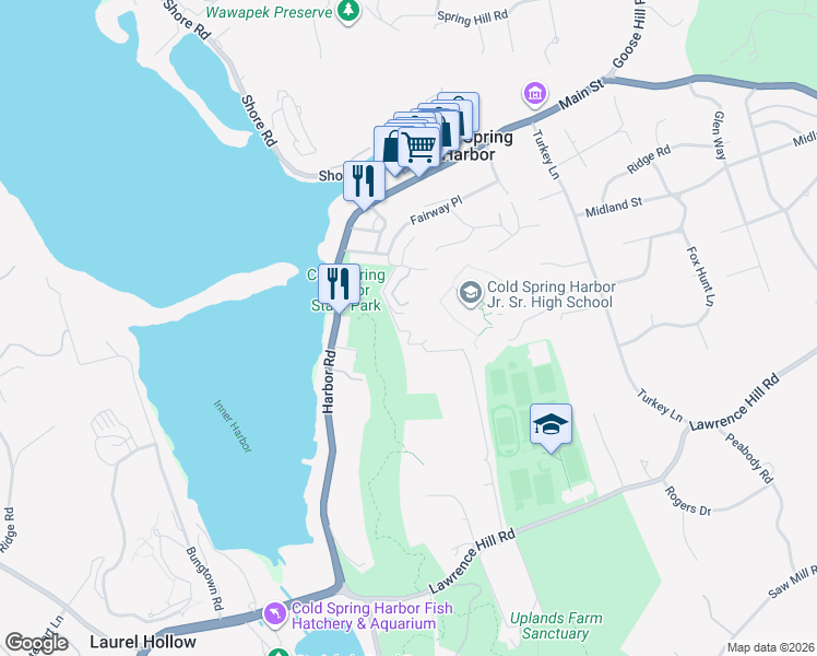map of restaurants, bars, coffee shops, grocery stores, and more near 1 Pine Drive in Cold Spring Harbor