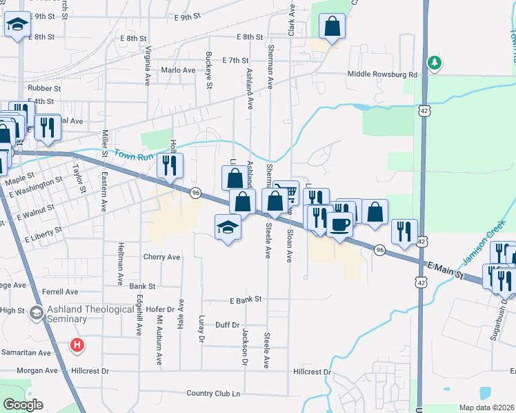 map of restaurants, bars, coffee shops, grocery stores, and more near 105 Sherman Avenue in Ashland