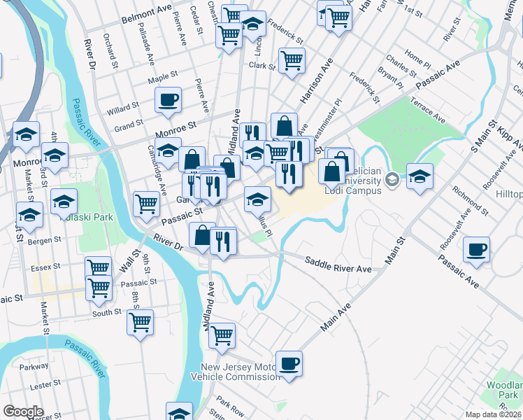 map of restaurants, bars, coffee shops, grocery stores, and more near 58 Marsellus Place in Garfield