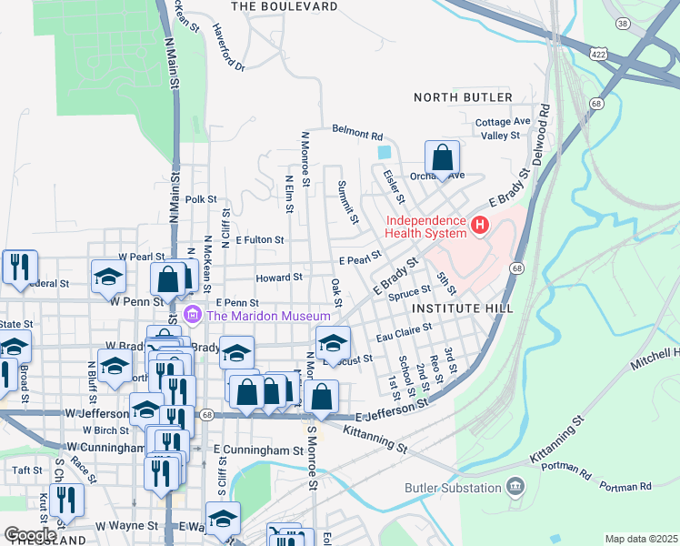 map of restaurants, bars, coffee shops, grocery stores, and more near 160 Oak Street in Butler
