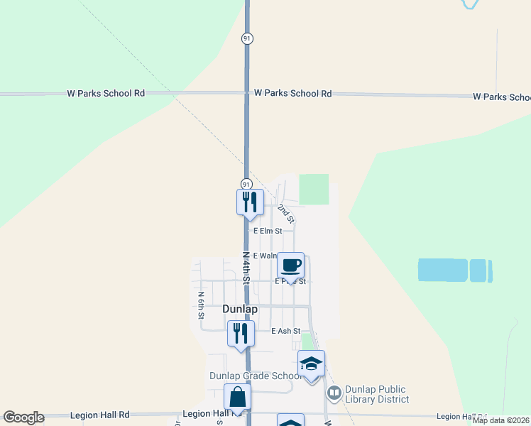 map of restaurants, bars, coffee shops, grocery stores, and more near 511 N 3rd St in Dunlap