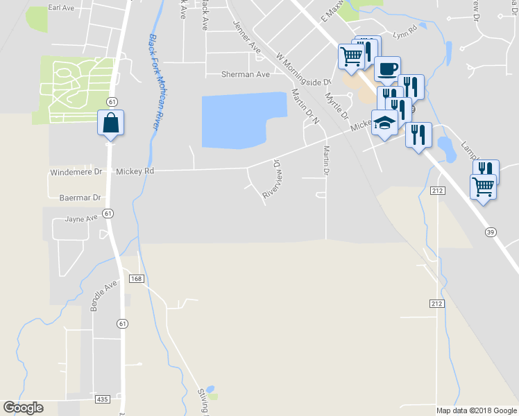 map of restaurants, bars, coffee shops, grocery stores, and more near 28 River Bend Drive in Shelby