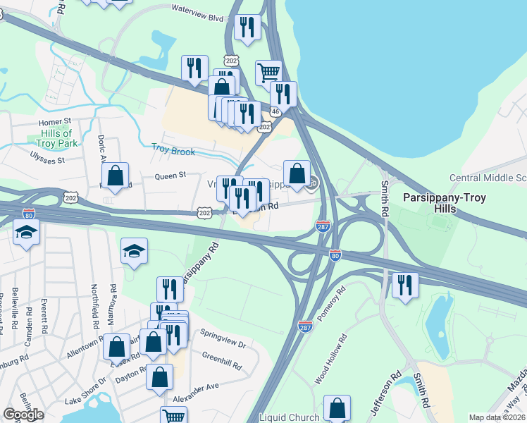 map of restaurants, bars, coffee shops, grocery stores, and more near 189 19 Littleton Road in Parsippany-Troy Hills