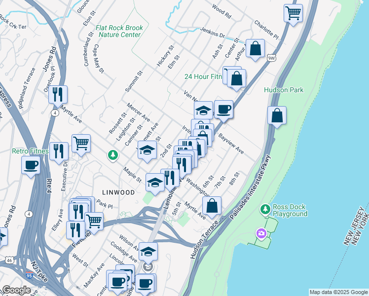 map of restaurants, bars, coffee shops, grocery stores, and more near 10 Henry Street in Englewood Cliffs