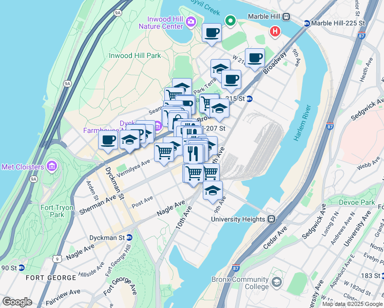 map of restaurants, bars, coffee shops, grocery stores, and more near 555W West 207th Street in New York