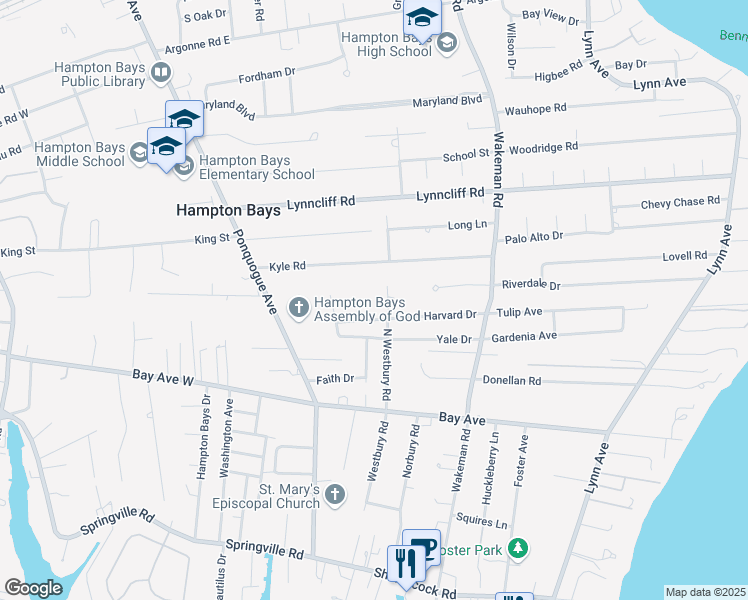 map of restaurants, bars, coffee shops, grocery stores, and more near 21 North Westbury Road in Hampton Bays