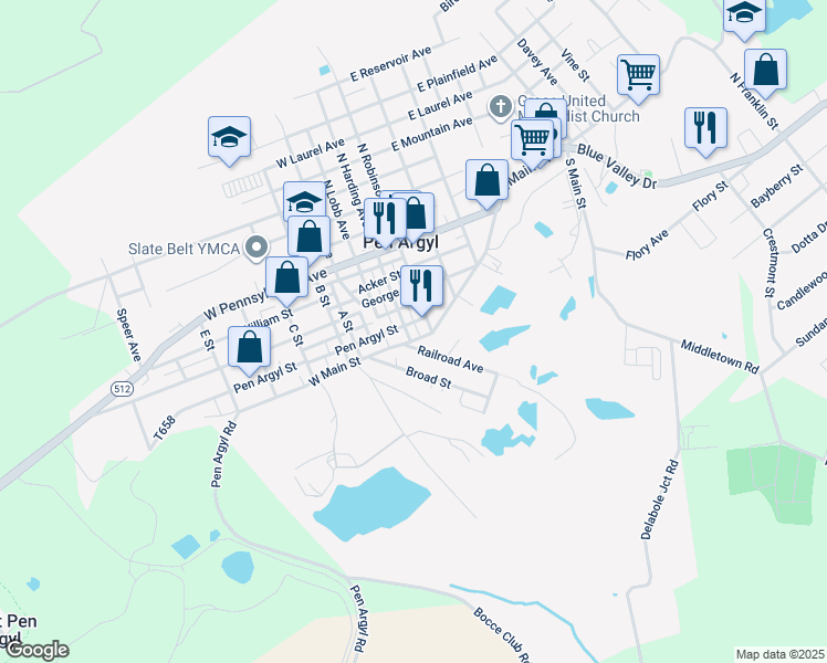 map of restaurants, bars, coffee shops, grocery stores, and more near 21 West Main Street in Pen Argyl