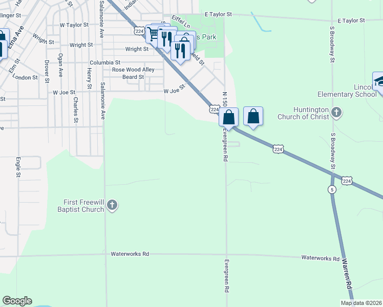 map of restaurants, bars, coffee shops, grocery stores, and more near 1208 Evergreen Road in Huntington