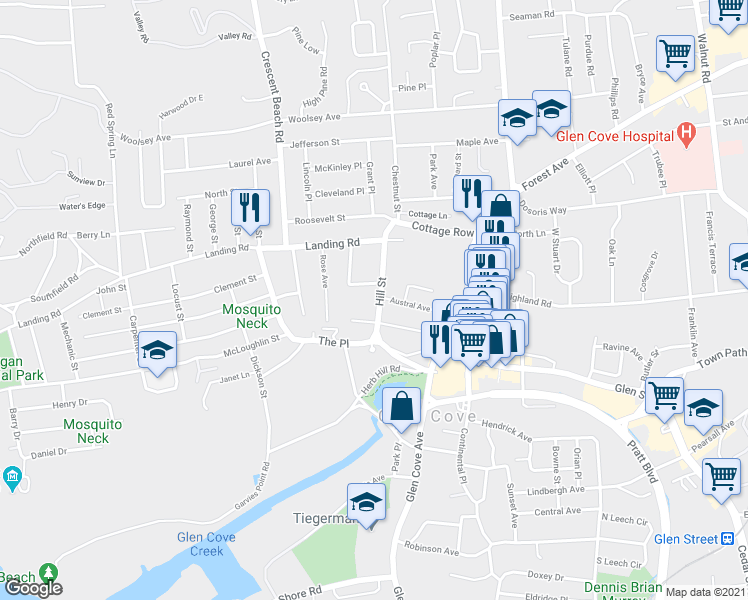 map of restaurants, bars, coffee shops, grocery stores, and more near 15 Hill Street in Glen Cove