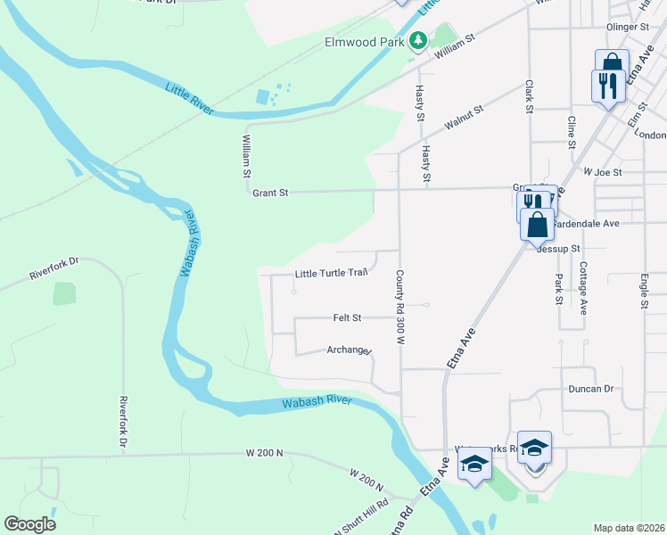 map of restaurants, bars, coffee shops, grocery stores, and more near 2030 Little Turtle Trail in Huntington