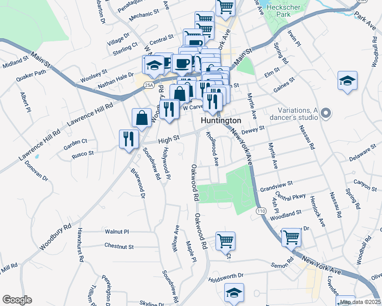 map of restaurants, bars, coffee shops, grocery stores, and more near 29 Oakwood Road in Huntington