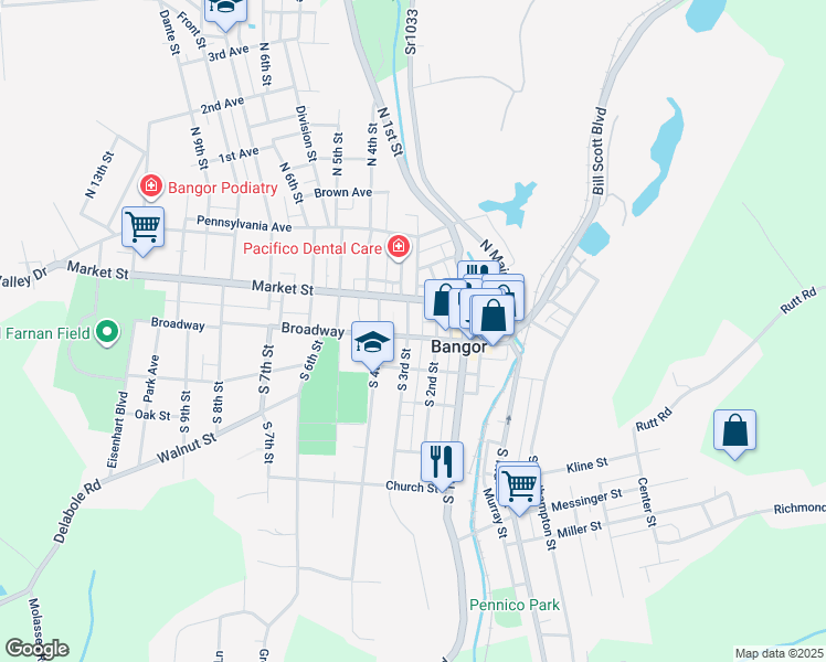 map of restaurants, bars, coffee shops, grocery stores, and more near 69 South 3rd Street in Bangor