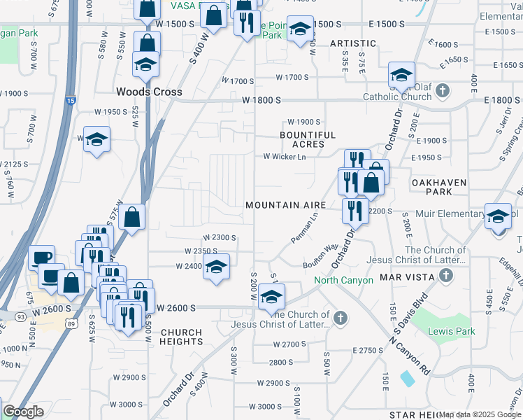 map of restaurants, bars, coffee shops, grocery stores, and more near 159 West 2200 South in Bountiful