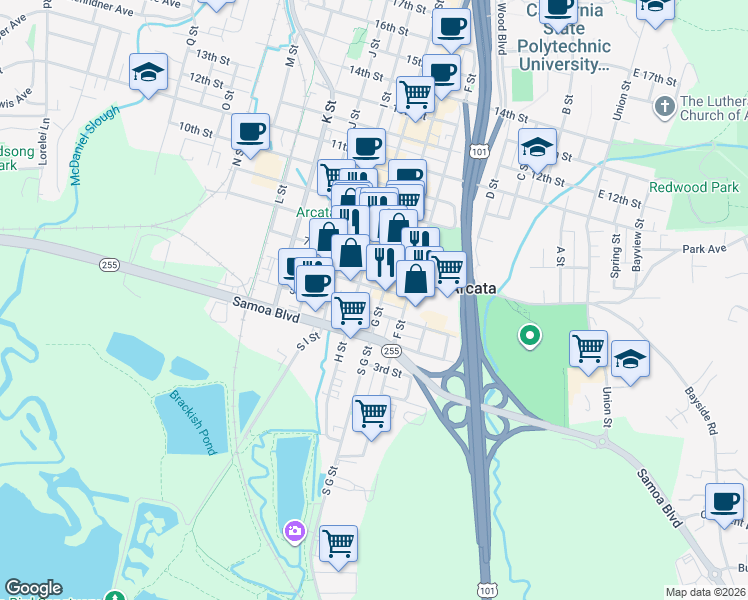 map of restaurants, bars, coffee shops, grocery stores, and more near 532 H Street in Arcata