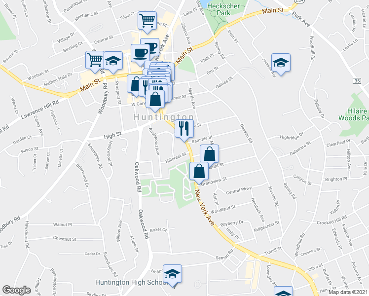 map of restaurants, bars, coffee shops, grocery stores, and more near 487 New York Avenue in Huntington