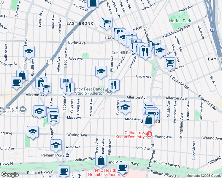 map of restaurants, bars, coffee shops, grocery stores, and more near 2732 Bouck Avenue in The Bronx