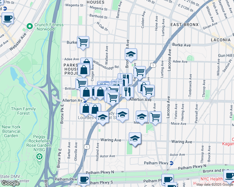map of restaurants, bars, coffee shops, grocery stores, and more near in The Bronx