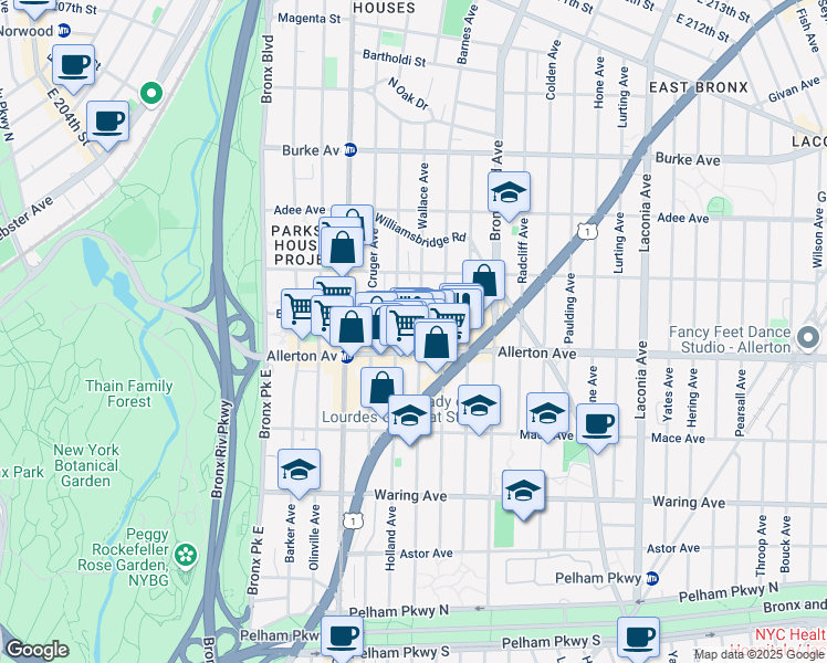 map of restaurants, bars, coffee shops, grocery stores, and more near in The Bronx