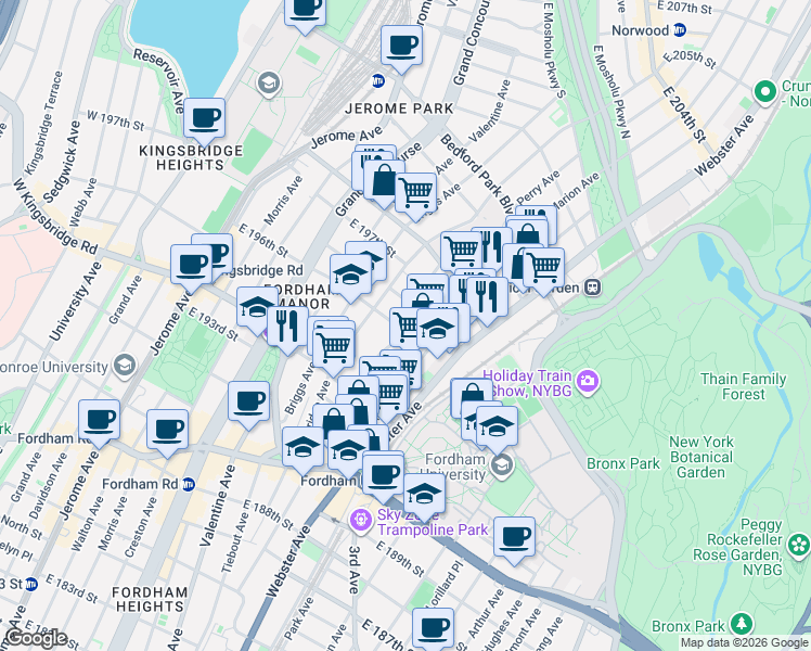map of restaurants, bars, coffee shops, grocery stores, and more near 2736 Marion Avenue in Bronx