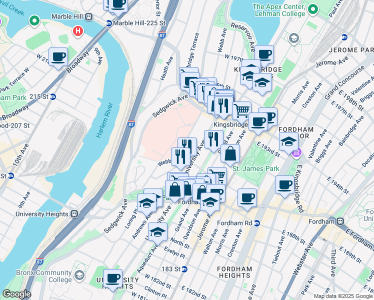 map of restaurants, bars, coffee shops, grocery stores, and more near 2515 University Avenue in Bronx