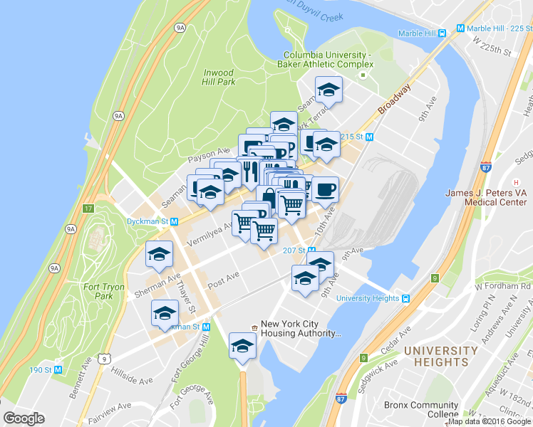 map of restaurants, bars, coffee shops, grocery stores, and more near 115 Vermilyea Avenue in New York