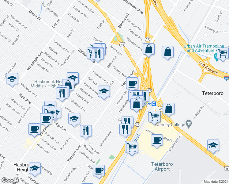 map of restaurants, bars, coffee shops, grocery stores, and more near 321 Bell Avenue in Hasbrouck Heights