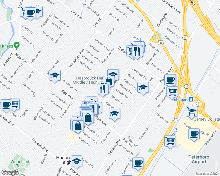 map of restaurants, bars, coffee shops, grocery stores, and more near in Hasbrouck Heights