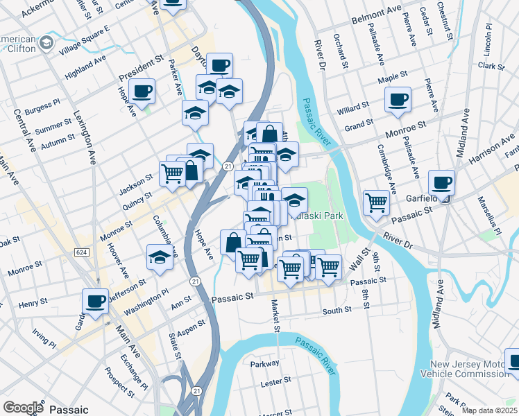 map of restaurants, bars, coffee shops, grocery stores, and more near 128 Market Street in Passaic