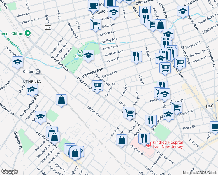 map of restaurants, bars, coffee shops, grocery stores, and more near 50 Hammond Avenue in Clifton