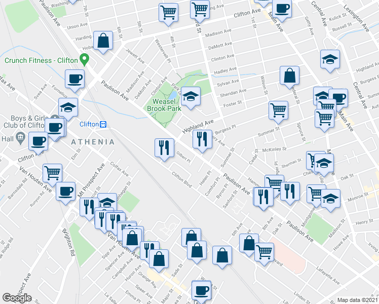 map of restaurants, bars, coffee shops, grocery stores, and more near 15 Gilbert Place in Clifton