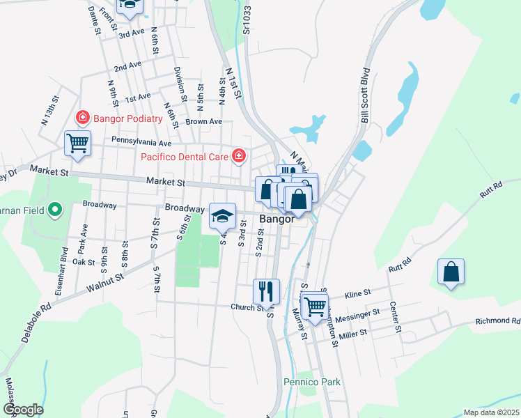 map of restaurants, bars, coffee shops, grocery stores, and more near in Bangor