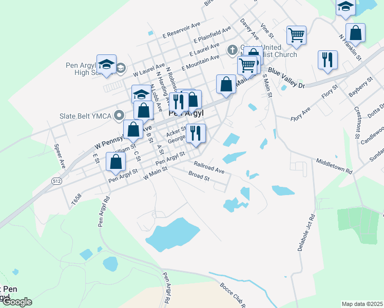 map of restaurants, bars, coffee shops, grocery stores, and more near 26 Pen Argyl Street in Pen Argyl