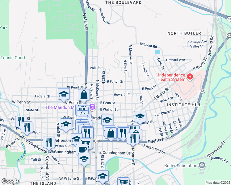 map of restaurants, bars, coffee shops, grocery stores, and more near 426 Franklin Street in Butler