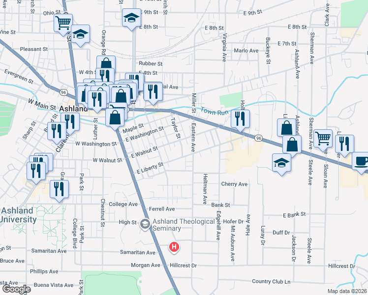 map of restaurants, bars, coffee shops, grocery stores, and more near 424 Eastern Avenue in Ashland