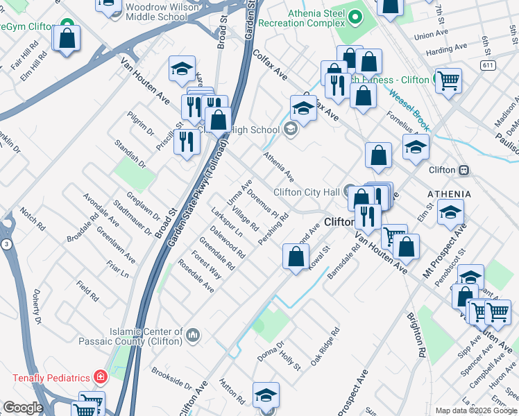 map of restaurants, bars, coffee shops, grocery stores, and more near 6 Glenwood Street in Clifton