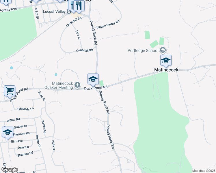 map of restaurants, bars, coffee shops, grocery stores, and more near 312 Duck Pond Road in Locust Valley